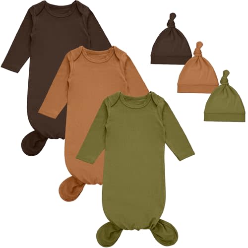 Cuffbow Newborn Baby Knotted Gowns Set 0-6 Months Cotton Sleeper Long Sleeve Nightgown and Hat Set for Infant Baby