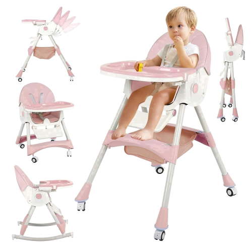 Cochildor 6 in 1 Foldable High Chair, Convertible High Chair for Baby&Toddler, with 5 Point Harness, Pink