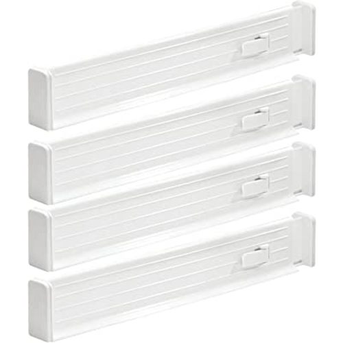 mDesign Expandable Kitchen Drawer Organizer - Adjustable Divider with Foam Ends - Secure Hold, Locks in Place - Separators for Pantry, Cupboard, Cabinet Storage, Ligne Collection, 4 Pack - White
