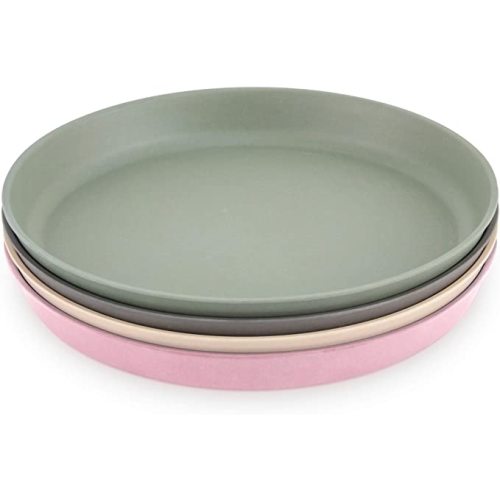 WeeSprout Bamboo Plates, Set of 4, Kid-Sized Dinnerware, Dishwasher Safe Melamine Dishware (Pink, Green, Gray, & Beige, Without Lids)