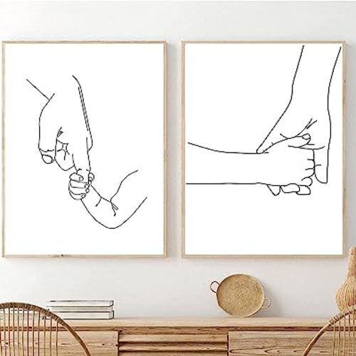 Mom & Baby Hands Line Art Prints Fashion Women Art Print Newborn Gifts Line Prints for Wall Decor Black And White Line Art Wall Decor Family Love Canvas Wall Art for Nursery Kids Room Decor Frameless (Line Art Prints-C, 12x16Inch Unframed)