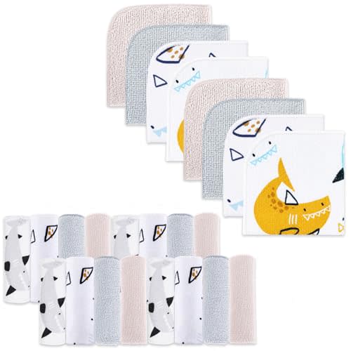 Baby Washcloths, 24Pack Baby Wash Cloths Extra Soft & Ultra Absorbent, Baby Towels and Washcloths Face Towels for Unisex Boys Girls Body, Washclothes Gentle on Sensitive Skin, 9x9 Shark