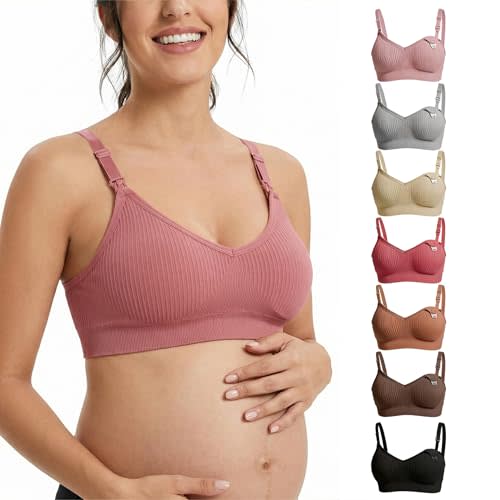Nursing Bra 7 Pack, Seamless Wireless Maternity Bra, V-Neck Sleep Bra for Breastfeeding with Extenders
