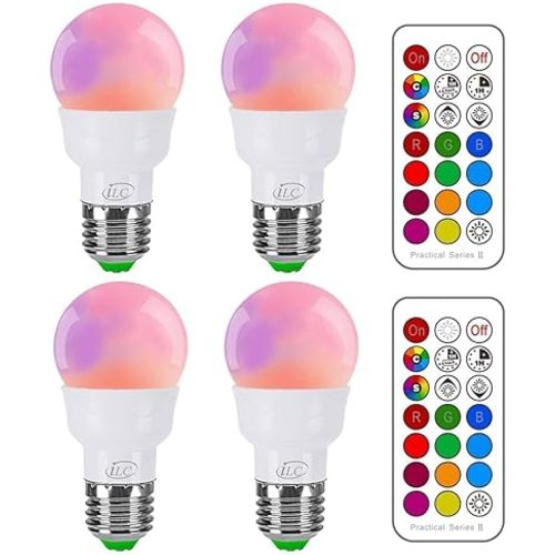 ILC RGB LED Light Bulb, Color Changing 40W Equivalent, Daylight White, 450LM Dimmable 5W E26 Screw Base RGBW, Mood Light Bulb - 12 Color Choices - Timing Infrared Remote Control Included (4 Pack)