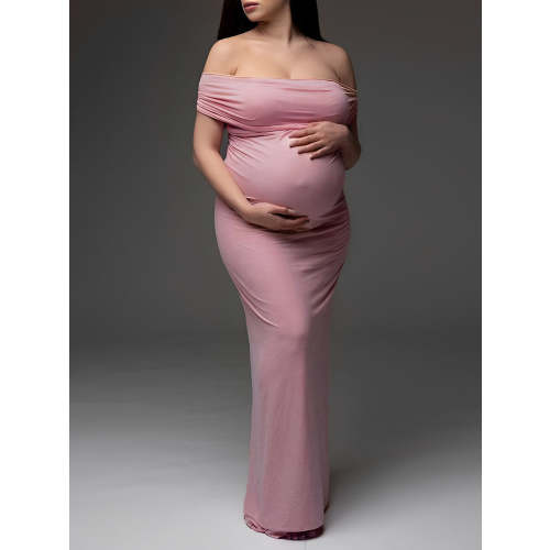 Momyknows Pink Off Shoulder Belly Friendly Ruched Boat Neck Bodycon Photoshoot Maternity Maxi Dress