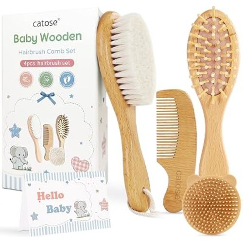 Baby Brush Comb Set,Goat Hair Bristles,Wooden Cradle Cap Brush,4PC