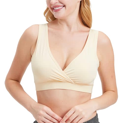 netdraw Women's Bamboo Viscose Nursing Sleep Bra, Ultra Soft Crossover Wire-Free Lounge Maternity Bralette, Beige, Medium