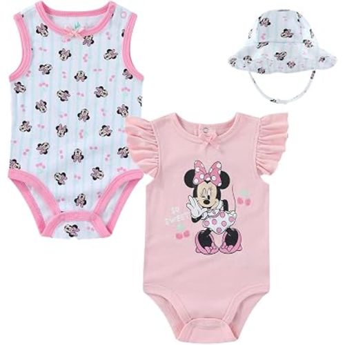 Disney Minnie Mouse Baby Girls 2 Pack Sleeveless Bodysuit with Bucket Hat for Newborn and Infant