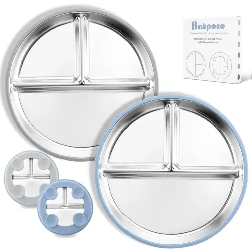 Stainless Steel Toddler Plate with Suction, 9” Divided Plates with Removable Silicone Sleeves for Kids, Non Toxic & BPA Free | Non Slip | Unbreakable Baby Snack Dishes Set of 2, Blue & Gray
