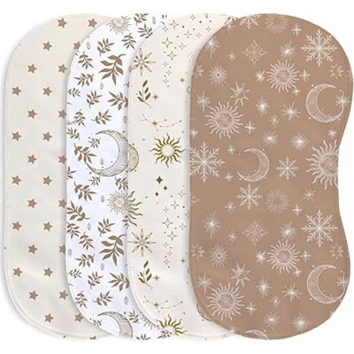 4 Pack Baby Burp Cloths, Soft Muslin Cotton Boho Star Moon Print Burp Cloths, Super Absorbent Washcloths Infants Burping Cloth Set for Newborns Baby Boy Girl Essentials