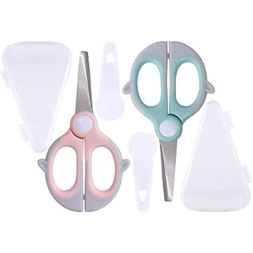 Baby Food Scissors Kicthen Shears -2Pack Portable Healthy Kids Scissors,Stainless Steel Scissor with Storage Travel Case - Ideal for Cutting Meat, Chicken, Vegetables, and Fruits (Pink+Blue)