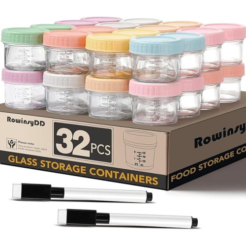 32 Pack Glass Baby Food Storage Containers, 4 oz Leakproof Baby Food Jars with Lids, Small Glass Food Containers for Infant Baby Food, BPA Free