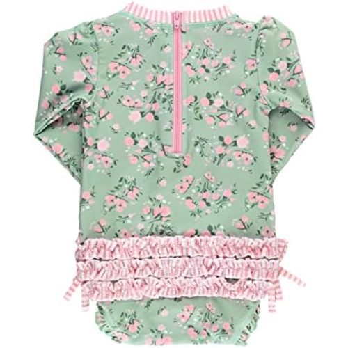 RuffleButts Baby Girls UPF 50+ Sun Protection Floral Printed Long Sleeve One Piece Rash Guard Swimsuit with Zipper