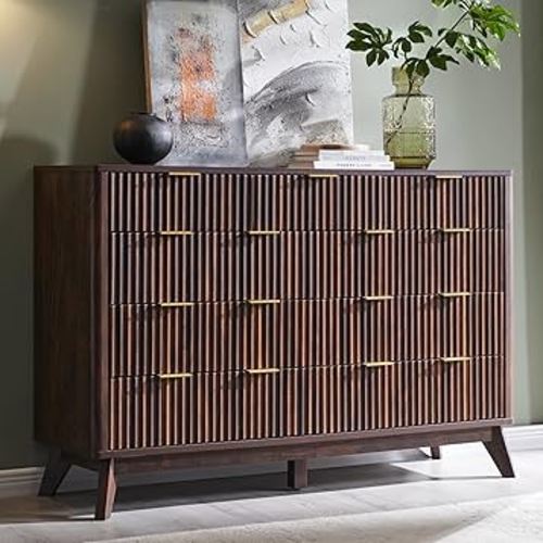 T4TREAM Fluted 9 Drawers Dresser, 54" Wide Modern Chest of Drawers, Curved Profile Design, Dresser TV Stand, Wood Drawer Organizer for Bedroom, Living Room, Hallway, Dark Walnut