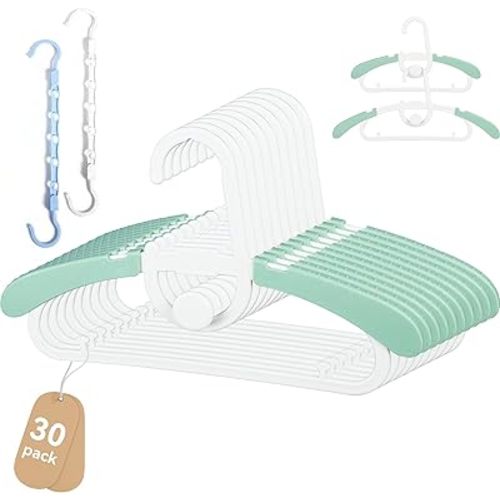 30 Pack Baby Kids Clothes Hangers Adjustable Stackable for Infant to Children - Thick Plastic, Non-Slip, Space Saving, Green