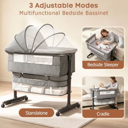 Baby Bassinet Bedside Crib with Adjustable Height, Breathable Mesh Sides, Wheels and Storage Basket,Pink