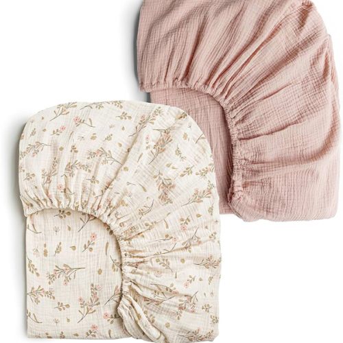 Konssy Muslin Crib Sheets for Girl Boy, 2 PCS Soft and Breathable Cotton Baby Sheets for Standard Crib Mattress, 52"x 28" (Floral, Pink)