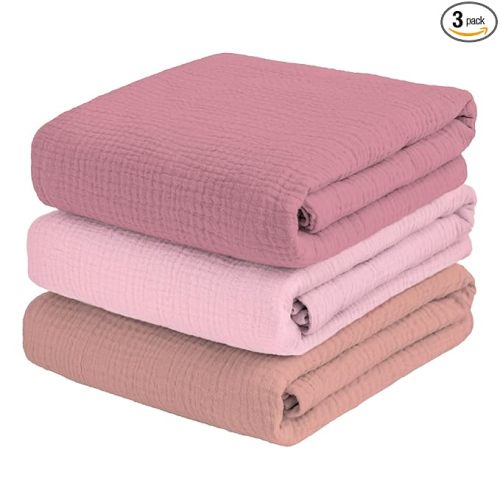 Muslin Swaddle Blankets for Baby Girl - 3 Pack 47x47 Inch Large Receiving Blankets, Soft Breathable Cotton Nursery Swaddles for Newborn, Infant & Todler, Pink