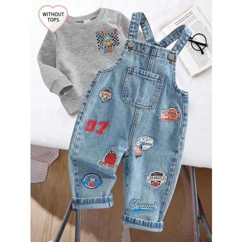 SHEIN Baby Boys' Denim Overalls, Vintage Casual Style With Adjustable Straps, Letter & Graphic Print, Suitable For All Seasons Cotton Elastic Waist Cargo Pocket Slacks Boys Blue Loose Jeans Fabric Soft And Comfortable Versatile Suitable For Home Everyday 