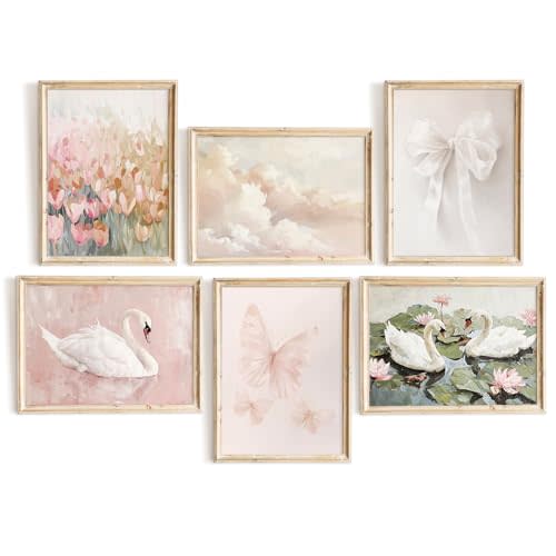 Tocliky Coquette Pink Wall Art Decor Swan Posters Bow Flower Canvas Wall Art Preppy Cute Pictures Trendy Butterfly Posters Coquette Aesthetic Prints for Girl Dorm Room Bedroom 12x16x6 Inch Unframed