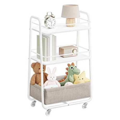VASAGLE LILEA Collection - Storage Cart with Fabric Basket, 3-Tier Rolling Utility Cart with Wheels and Shelves, Cloud White and Camel Brown
