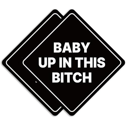 GEEKBEAR Baby Up in This Bitch Car Sign - Sticker or Magnet & Color Options, Weather-Resistant - Diamond Shape 6.8 x 6.8 in (Reflective Magnet, Black, 2 Pack)