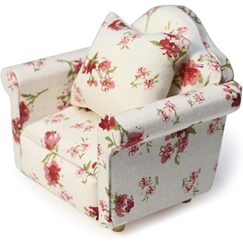Dollhouse Couch with Pillow 1 12 Scale Miniature Sofa Arm Chair Living Room Furniture Wooden Fabric Frame Single Reading Chair Artificial House Room Scene Decoration (White Floral)