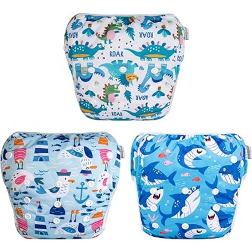 Babygoal Baby Boy Swim Diapers 3 Pack for 0-8 Months Infant, Reusable Adjustable Washable for Swimming Lessons-Dinosaur,Shark,Fish