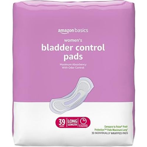 Amazon Basics Incontinence Pads for Women Long, Bladder Control, Postpartum, Maximum Absorbency, Unscented, 39 Count