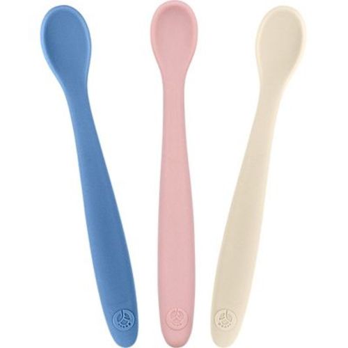 WeeSprout Silicone Baby Spoons, First Stage Infant Feeding Utensils With Soft-Tip - Set of 3 (Matte Blue, Pink, Off White)