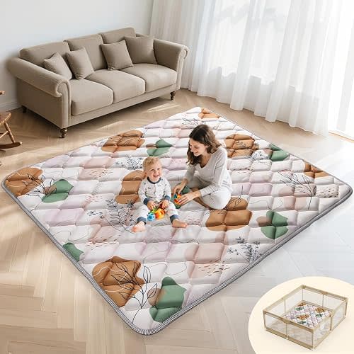 Boho Baby Play Mat - 79x71 Foldable Machine Washable Thick Sponge Padded Floor Mat - Non Slip Tummy Time Playpen Rug for Indoor Outdoor Room Decor
