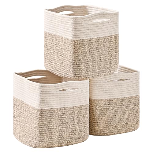 ICERZCZ 11 Inch Cube Storage Bins, Organizer Woven Cotton Rope Square Baskets for Organizing Shelves, Toys, Nursery, Off White & Brown (Pack of 3)