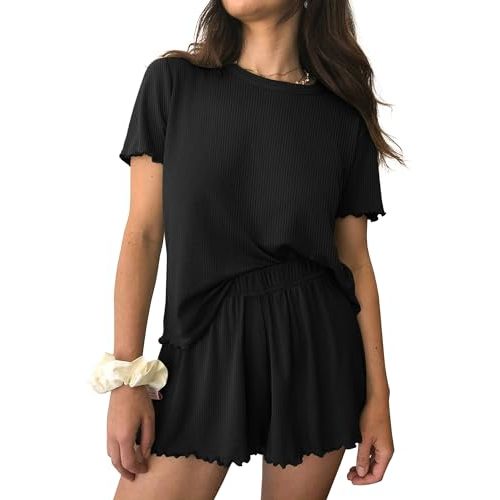 Ekouaer Womens Pajamas 2 Piece Ribbed Knit Pjs Short Sleeve Sleepwear Set Summer Soft Pajamas Set Casual Lounge Sets