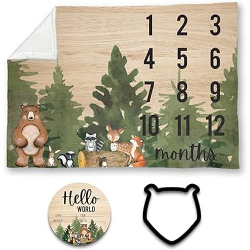 Woodland Baby Monthly Milestone Blanket w/Birth Stat, 30x40", Animal Forest Nursery Decor, Soft Minky Fabric, Baby Shower Gifts, Baby Blanket, Birthday Gift for Newborn, Hickory Hollow Designs