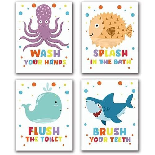 Funny Colorful Bathroom Ocean Life Quotes Art Print, Wash Splash Flush Brush Bathroom Canvas Wall Art Printing, Pufferfish Shark Whale Octopus For Kids Washroom Decor, Set of 4 8X10 inch, No Frame