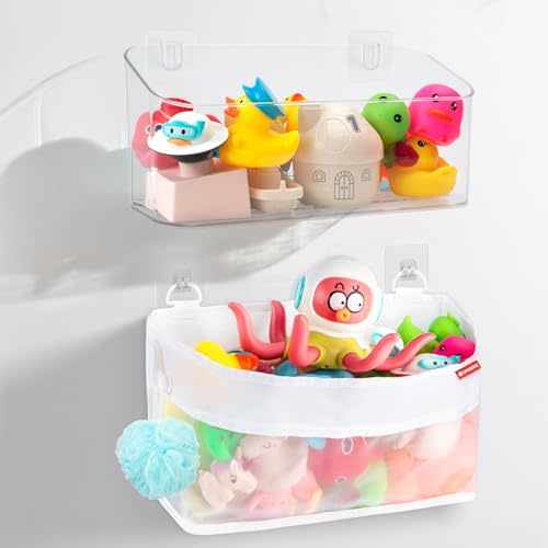UNEEDE 2 Pack Bath Toy Storage Organizer,Plastic & Nylon Bath Toy Holder for Bathroom,Quick Dry Mesh Shower Caddy,Large Capacity Bathtub Storage with Drain Holes,Easy to Install and Clean