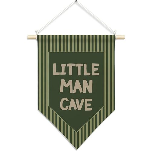 CUANFDDSF Vintage Boy Nursery Wall Art, Little Man Cave Playroom Wall Decor Hanging Pennant Flag, Green Striped Canvas Banner Decorations for Home Kids Boys Room Bedroom Nursery Playroom Decor, 11x15 Inch
