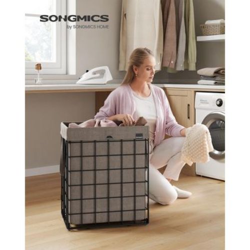 SONGMICS Laundry Hamper, 23.8 Gal. (90L) Laundry Basket, Collapsible Clothes Hamper, Removable and Washable Liner, Black and Camel Brown
