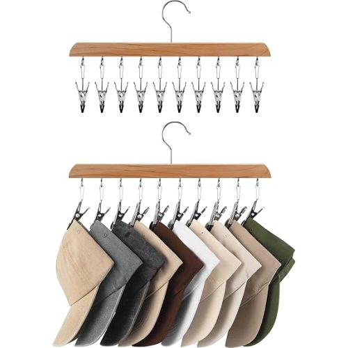 StorageWorks Hat Rack, Closet Organizer and Storage for Baseball Caps,Set of 2 with 10 Adjustable Stainless Steel Clips, Fits All Caps, Natural Wood Color