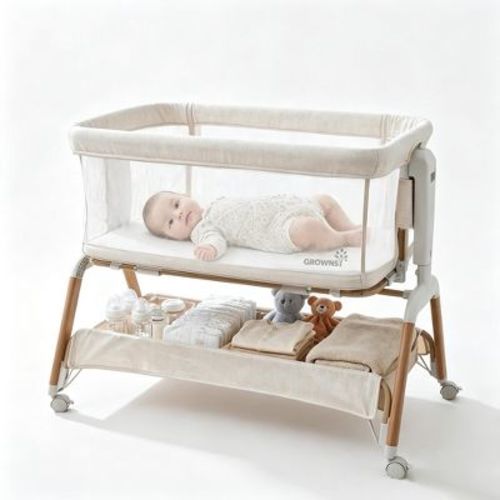 GROWNSY 5-in-1 Baby Bassinet Bedside Sleeper, Grey | 6 Height Settings, Rocking Mode, Breathable Mesh, Portable Crib, Mattress & Wheels