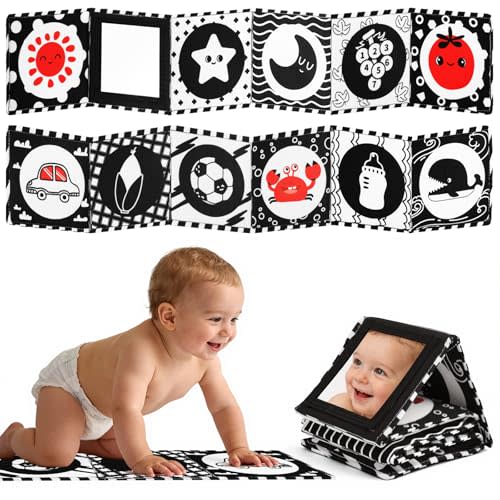 High Contrast Baby Toys for Newborn – Black White Tummy Time Mirror Toy, Crinkle Sensory Baby Book 0-6 Months for Newborns, Attach to Crib/Stroller/Car Seat