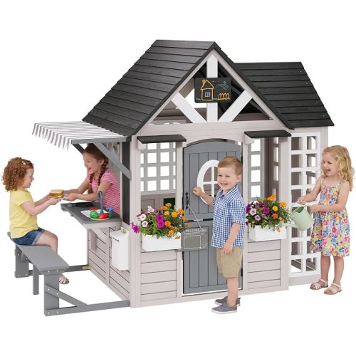 Albott Kids Outdoor Wooden Playhouse with Kitchen Playset, Backyard Cottage for Kids with Bench, Chalkboard, Pet Door, Wooden Mailbox and Flowerpot, Backyard Play House for Boys and Girls Ages 3-8