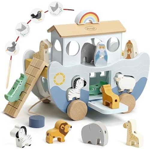 Joyreal Wooden Noah's Ark Toy for 1 Year Old Baby Boy and Girl Baptism Gift