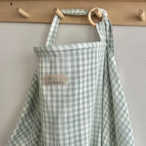 Nursing Cover for Baby Breastfeeding & Pumping | Multi Use Car Seat Stroller Cover | Breathable Soft Muslin Cotton | Breast Feeding Apron & Shawl by TISU (Light Mint Gingham)