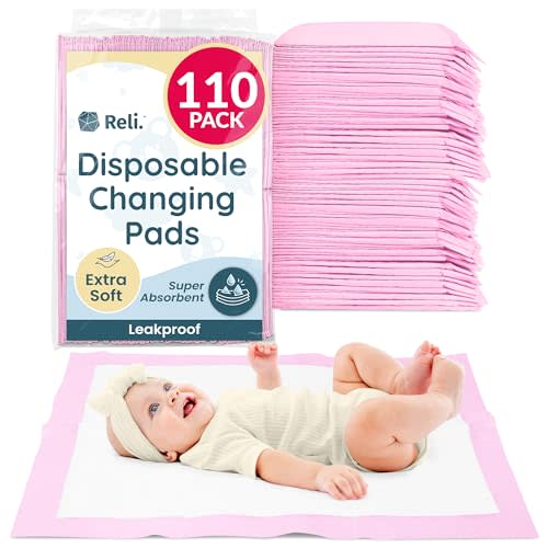 Reli. Disposable Changing Pads for Baby (110 Pack) | 13" x 18" Pink Disposable Diaper Changing Pad Liners | Super Absorbent, Leak-Proof | Waterproof, Quick Dry Underpads