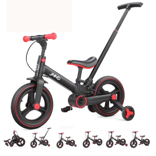 JMMD Toddler Bike with Push Handle for Kid 18-60 Months, 6 in 1 Foldable Push Bike with Training Wheel, Pedals, Kid Balance Bike for Boy & Girl, Black