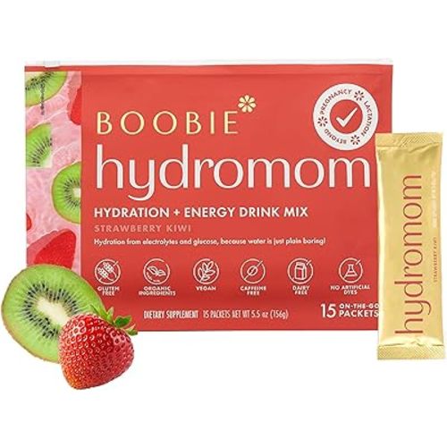 Boobie Hydromom Superfood Electrolyte Drink Mix, Strawberry Kiwi | Refreshing Energy & Hydration Boost for Mamas | On-The-Go & Travel Essentials for Pregnancy, Lactation, & Beyond, 15 Packets
