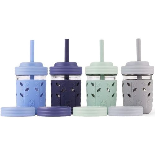 Elk and Friends Kids + Toddler Glass Cups | The Original 8oz Glass Mason Jar with Sleeves + Lids | Silicone Straws + Stopper | Smoothie Cup | Food Storage | Spill Resistant | Dishwasher Safe | 4 Pack