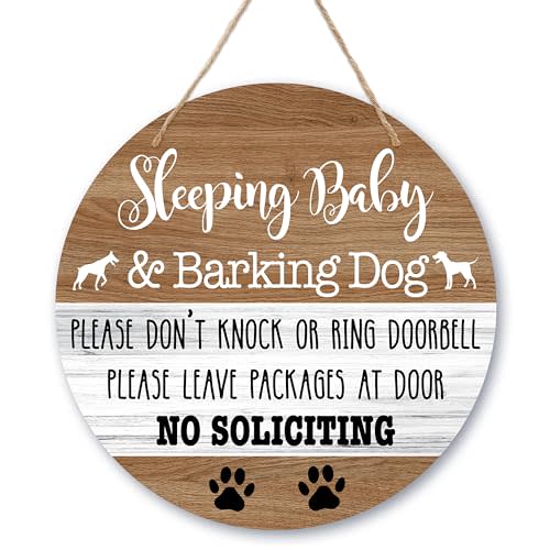 Baby Sleeping Sign Decor, Do Not Knock Or Ring Doorbell Hanging Sign For Front Door, No Soliciting Sign For Home Baby Room Nursery Outdoor, Funny Dog Warning Round Door Hanger Decorations -b03