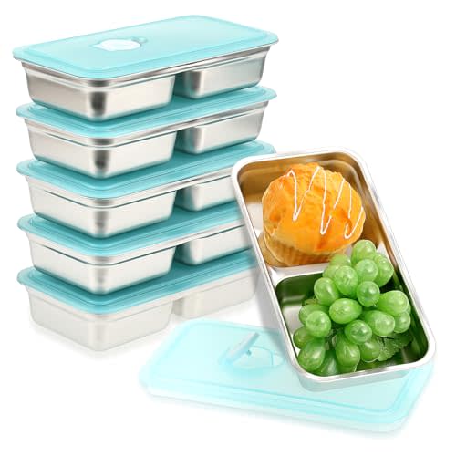 6 Pcs 304 Stainless Steel Bento Boxes, 30 oz 2 Compartments Food Storage Containers Snack Boxes with Leakproof Lids, Divided Meal Prep Lunch Box Food Container Dishwasher Safe